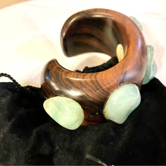 Wide Wooden Cuff w/ Large Chrysoprase handmade by Jewelry Designer Flavia $698 - Picture 3 of 5